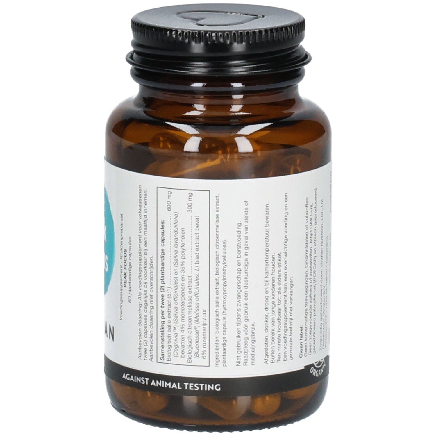Arrière d'une bouteille Viridian Peak Focus avec ingrédients détaillés et dosage.