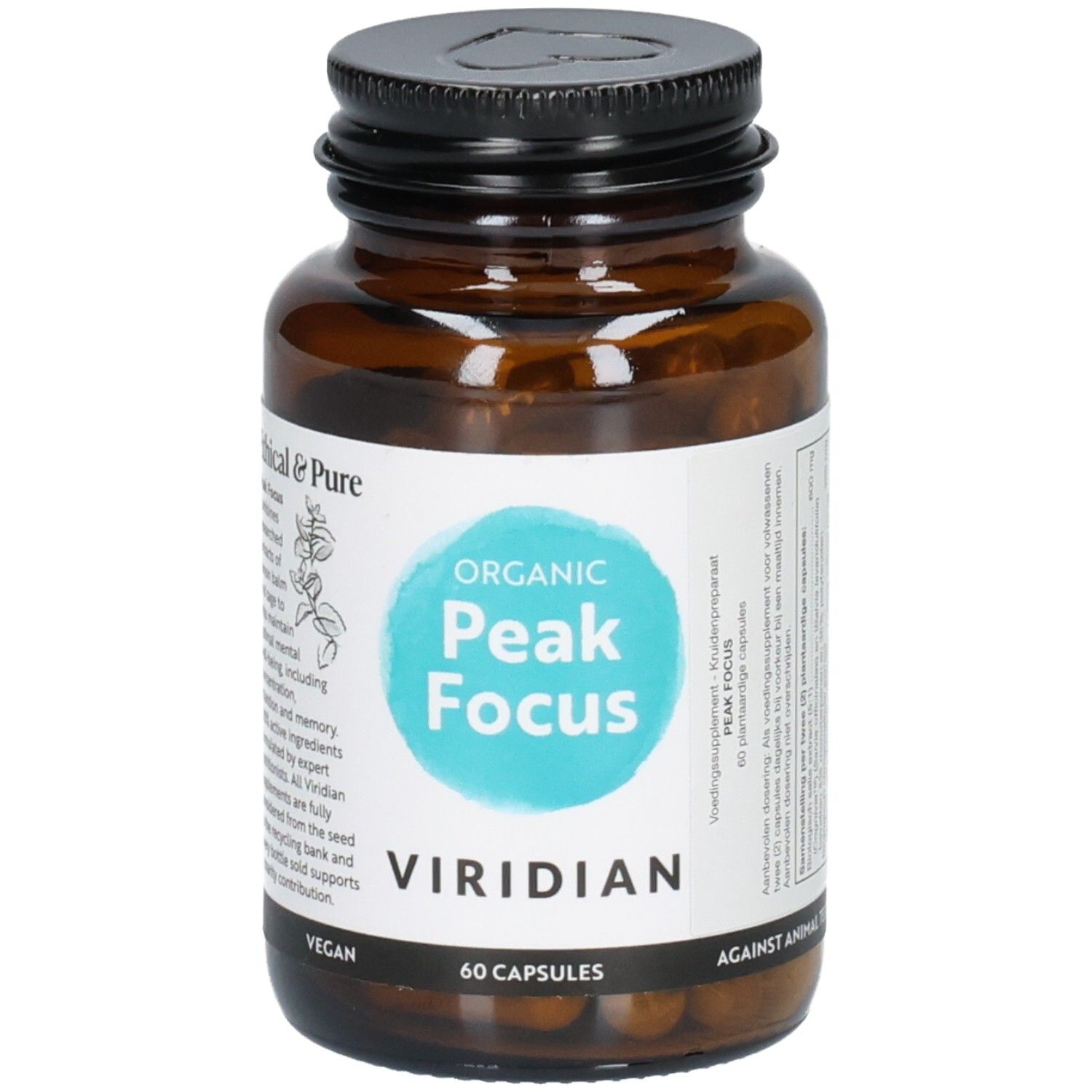 Bouteille Viridian Peak Focus avec sceau 'Against Animal Testing'.