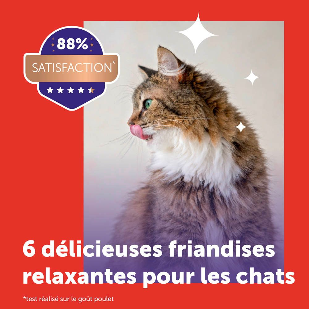 Chat se léchant les babines, sceau de satisfaction 88%, 6 friandises relaxantes pour chats.