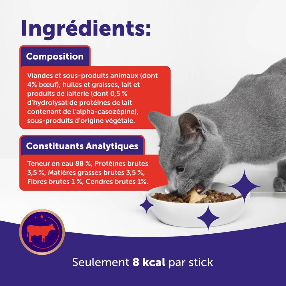 Chat gris mangeant dans une gamelle blanche. Liste des ingrédients et constituants analytiques visibles.