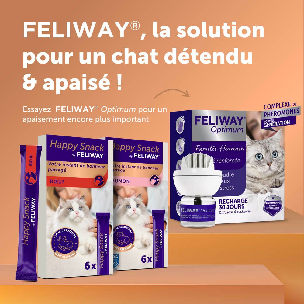 Produits Feliway : Happy Snack Bœuf et Saumon, Diffuseur Feliway Optimum.