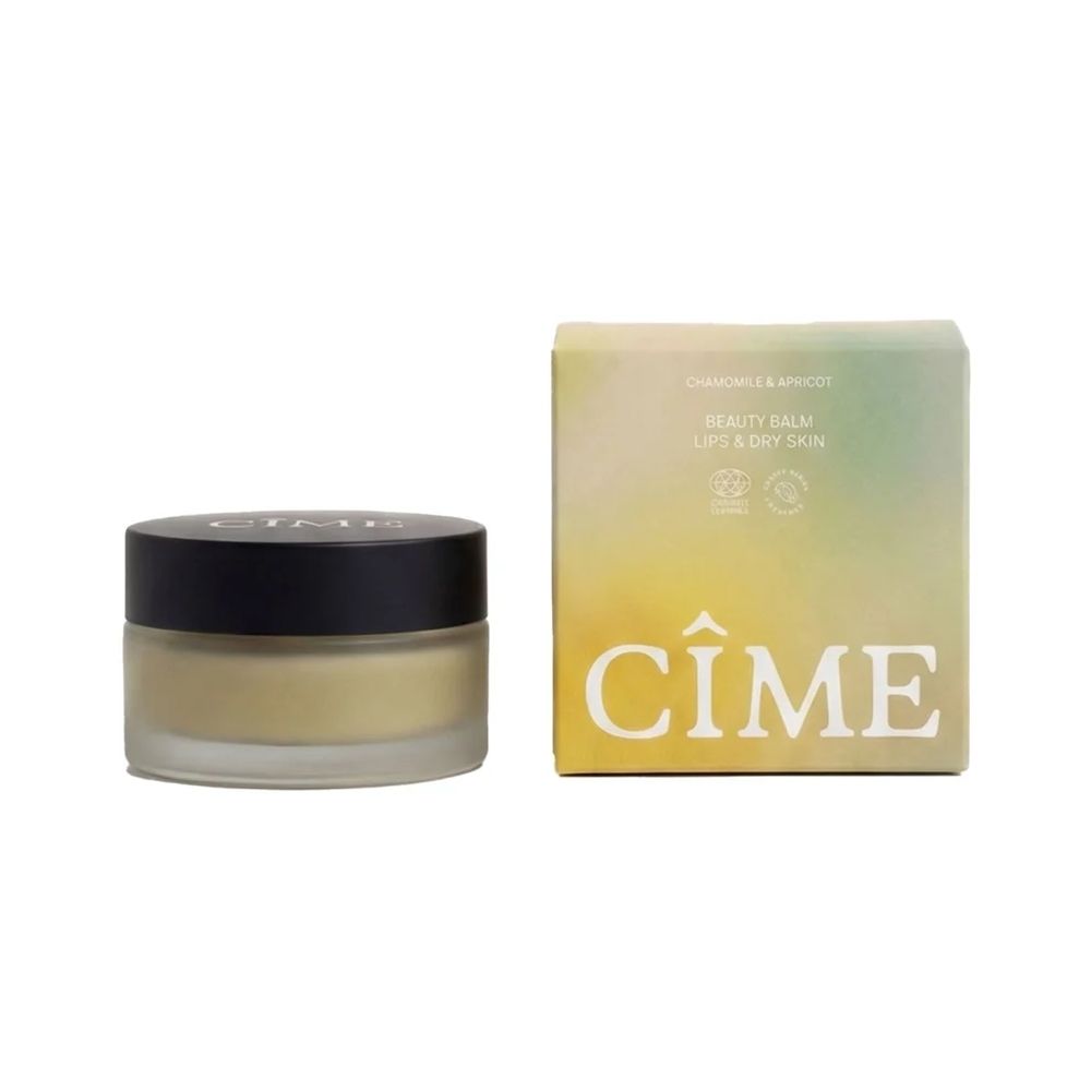 CÎME Beauty Balm Camomille & Abricot emballage avec sceaux pour certification bio et origine.