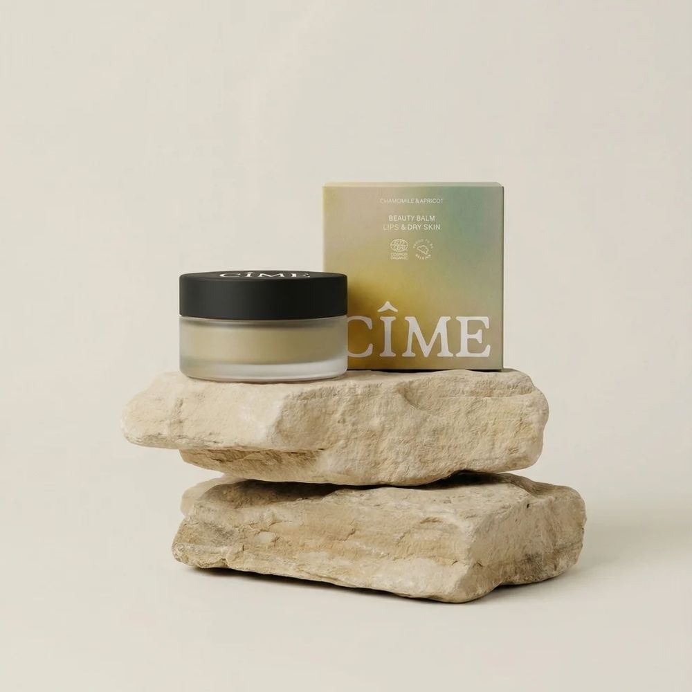 CÎME Beauty Balm Camomille & Abricot emballage avec sceaux pour certification bio et origine.