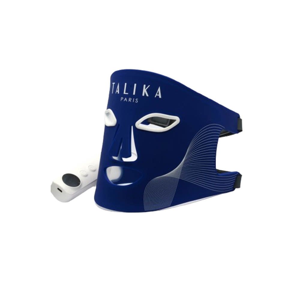 Masque bleu Talika LED Therapy avec une télécommande blanche, isolé sur fond blanc.