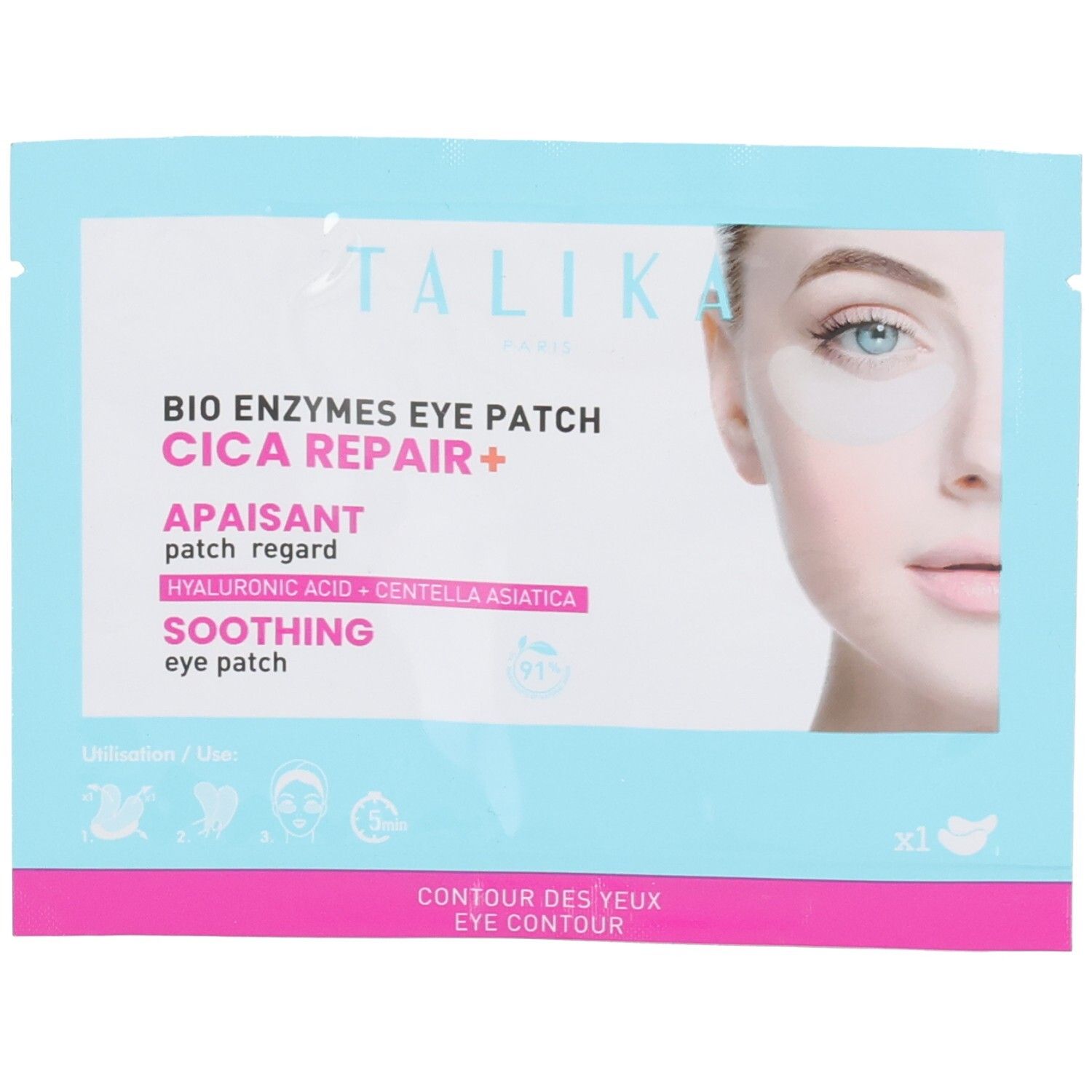 Sachet bleu et blanc Talika avec patchs pour les yeux. Inscription : Bio Enzymes Eye Patch Cica Repair+. Visage avec patchs.