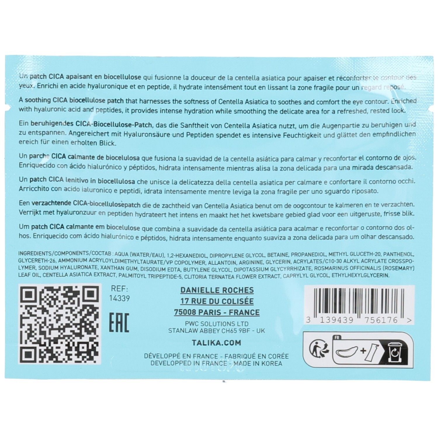 Dos du sachet Talika. Texte multilingue. Ingrédients et informations fabricant. Code EAN et symboles de recyclage.