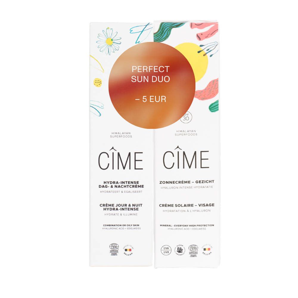Deux emballages de crème solaire CÎME : une pour le jour et la nuit, une pour le visage SPF 30.