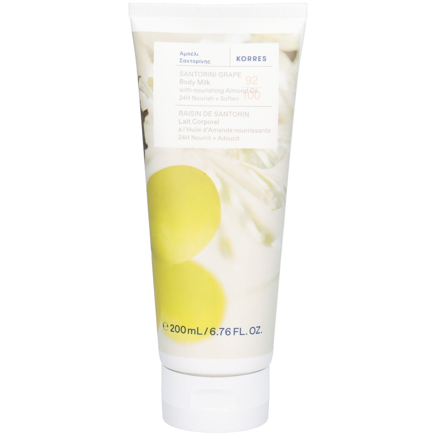 Tube de lait corporel Korres Santorini Grape. Fond blanc, illustration de grappes de raisin jaunes. Texte: 200ml.