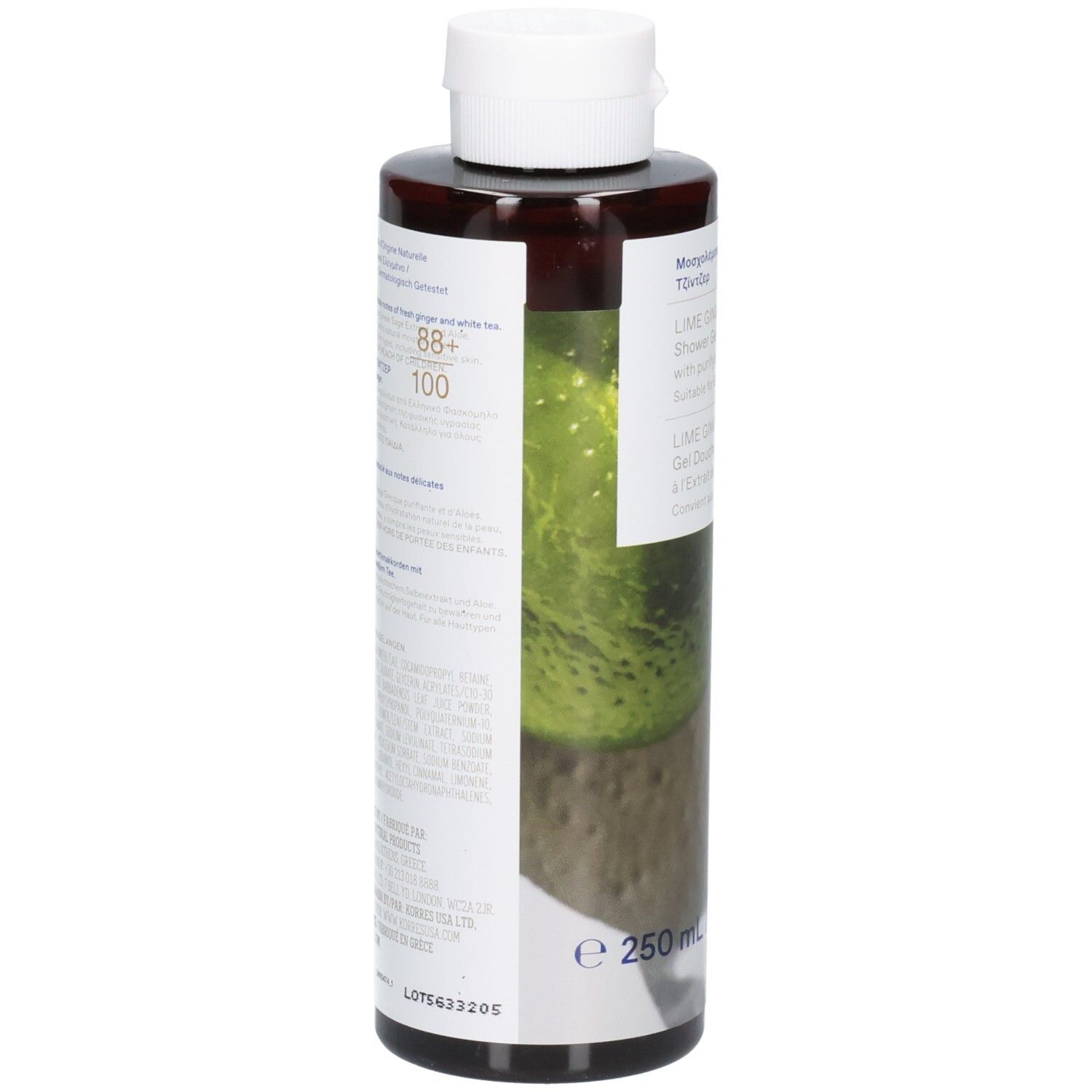 Arrière de la bouteille de gel douche Korres avec ingrédients et numéro de lot.