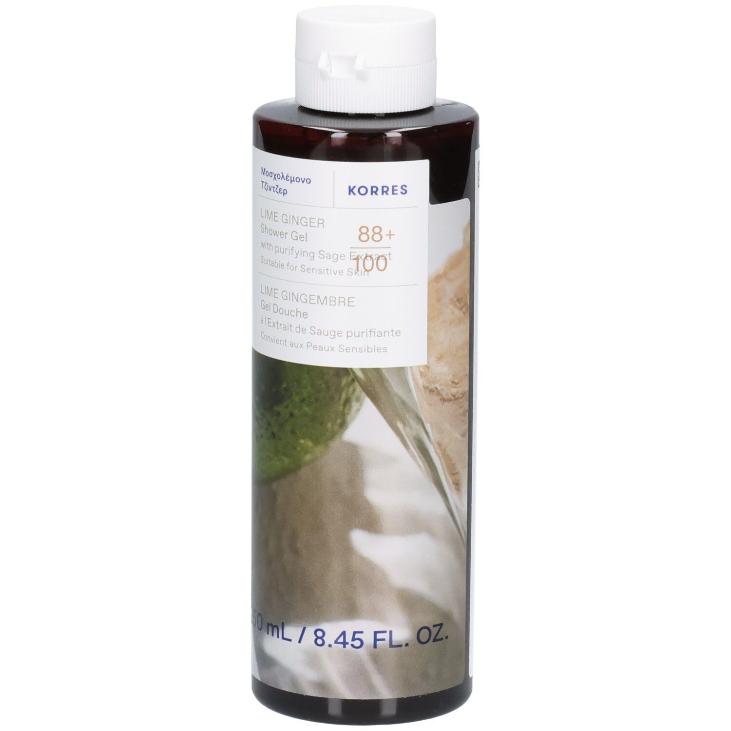 Gel douche Korres Gingembre Citron Vert, 250 ml, vue de face.