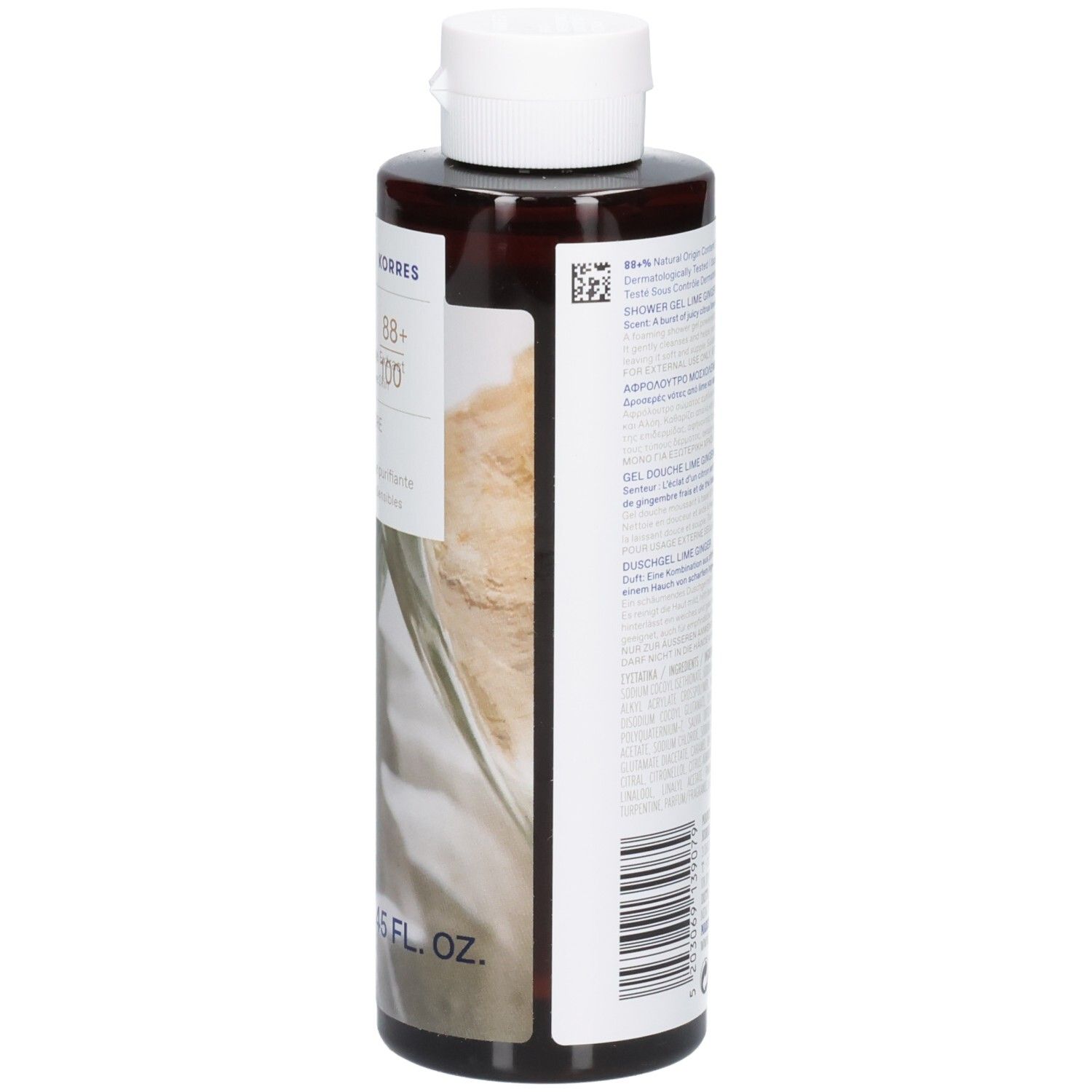 Côté de la bouteille de gel douche Korres avec étiquette et code-barres.