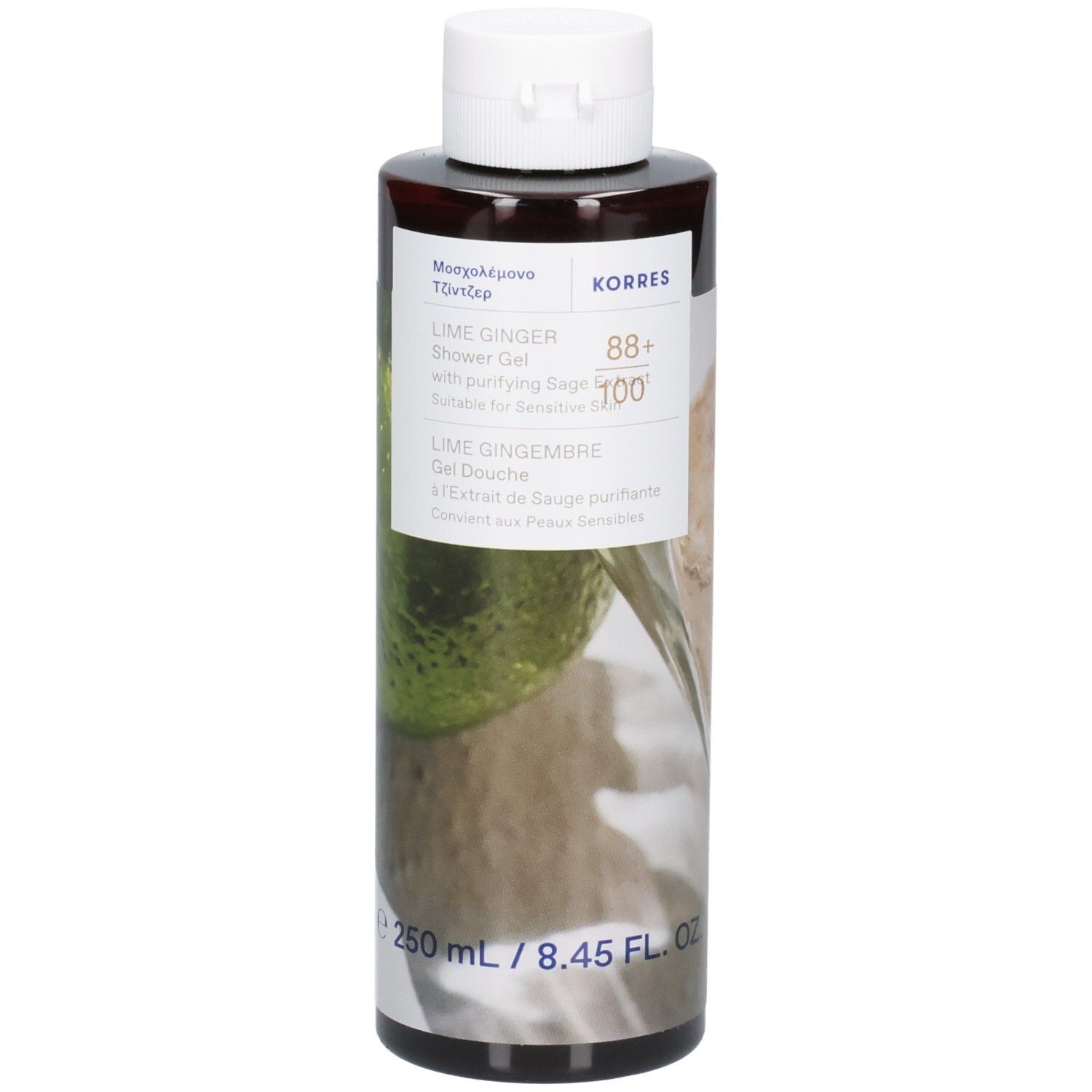 Gel douche Korres Gingembre Citron Vert, 250 ml, avec étiquette.