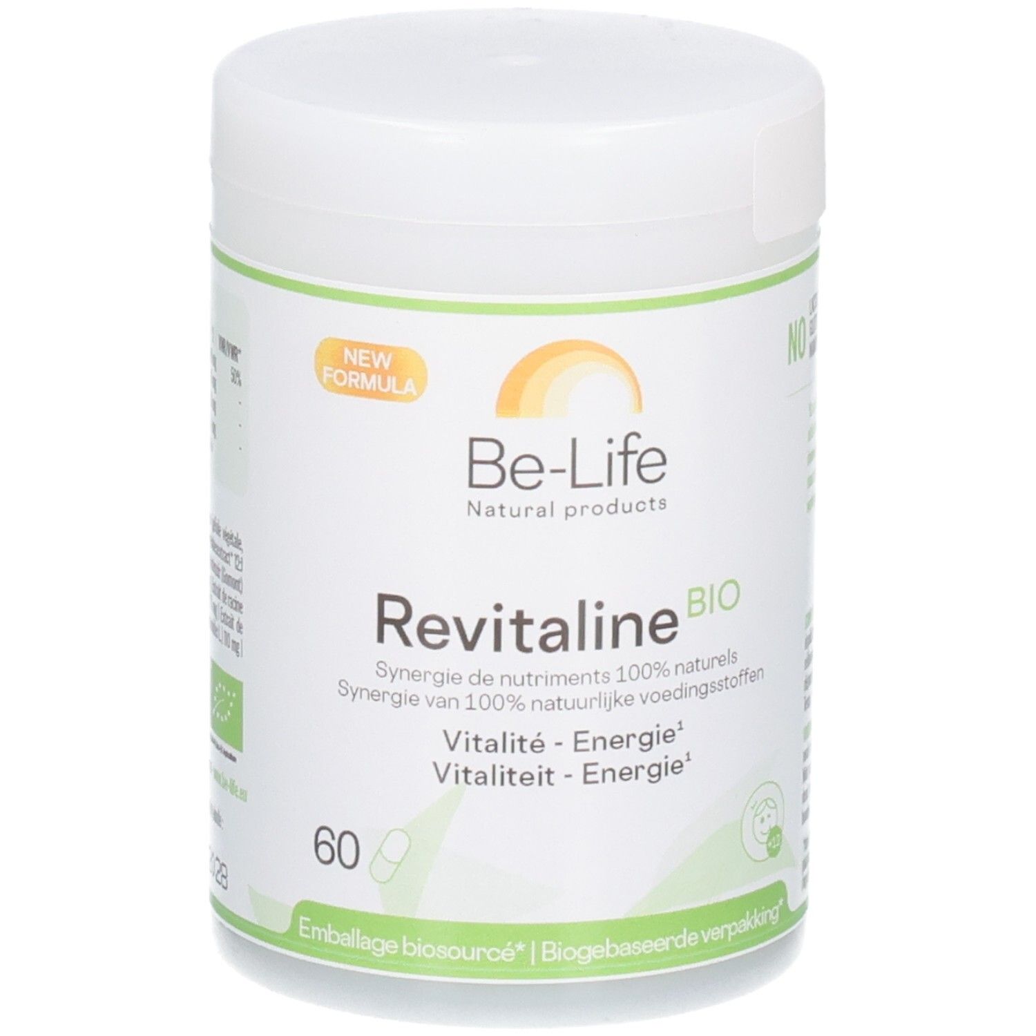 Boîte Be-Life Revitaline BIO de 60 capsules. Nouvelle formule, synergie de nutriments 100% naturelle.