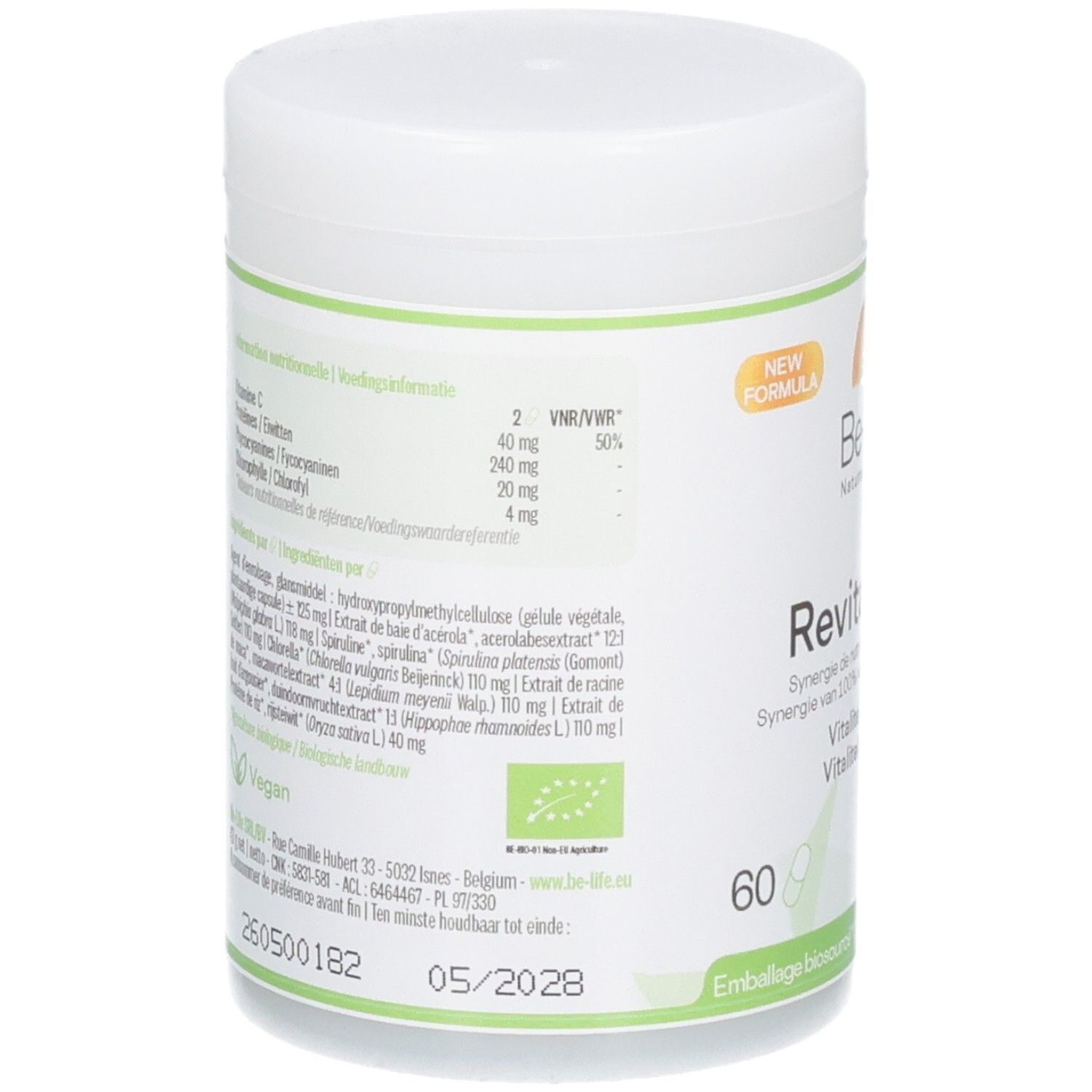 Arrière de la boîte Be-Life Revitaline BIO avec informations nutritionnelles et ingrédients. Label Bio.