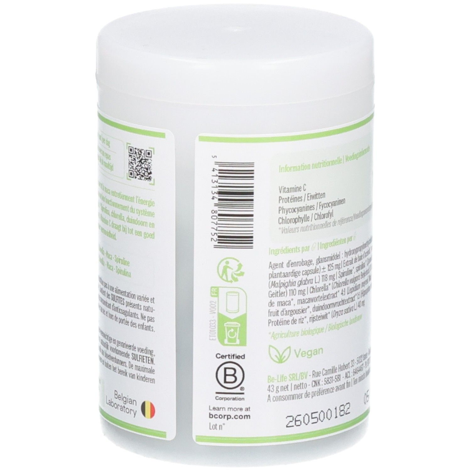 Côté de la boîte Be-Life Revitaline BIO avec certifications (B Corp, Vegan) et QR code.