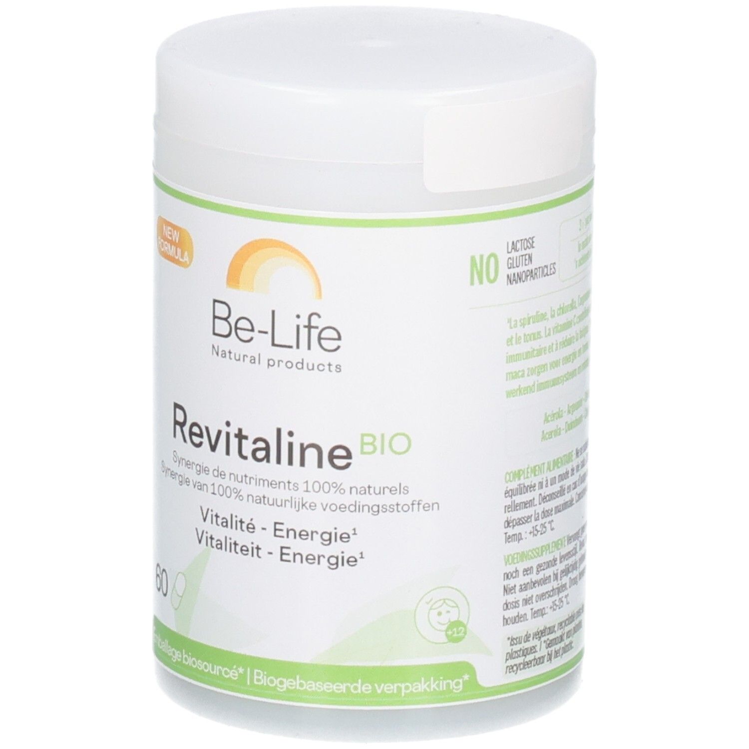 Boîte Be-Life Revitaline BIO de 60 capsules. Nouvelle formule, synergie de nutriments 100% naturelle. Sans lactose.
