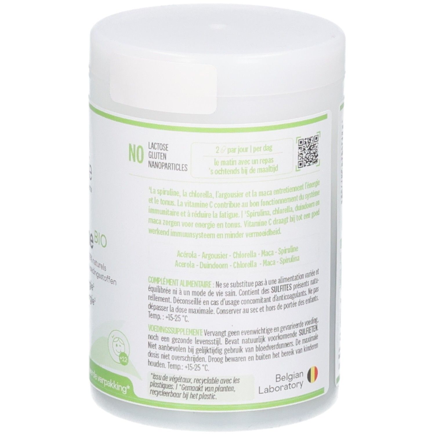 Arrière de la boîte Be-Life Revitaline BIO avec instructions d'utilisation et ingrédients. Vegan.