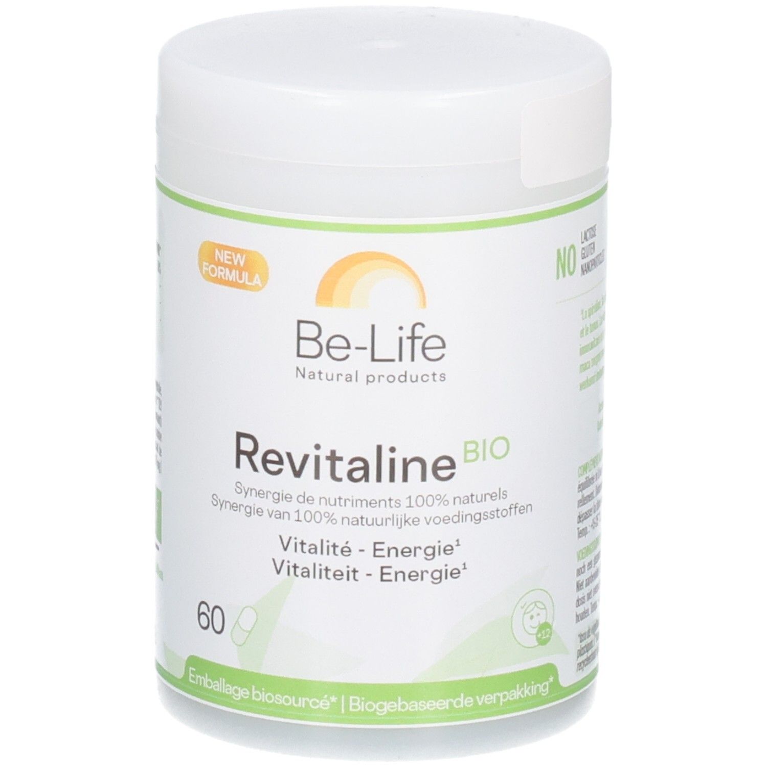 Boîte Be-Life Revitaline BIO de 60 capsules. Nouvelle formule, synergie de nutriments 100% naturelle. Emballage biosourcé.