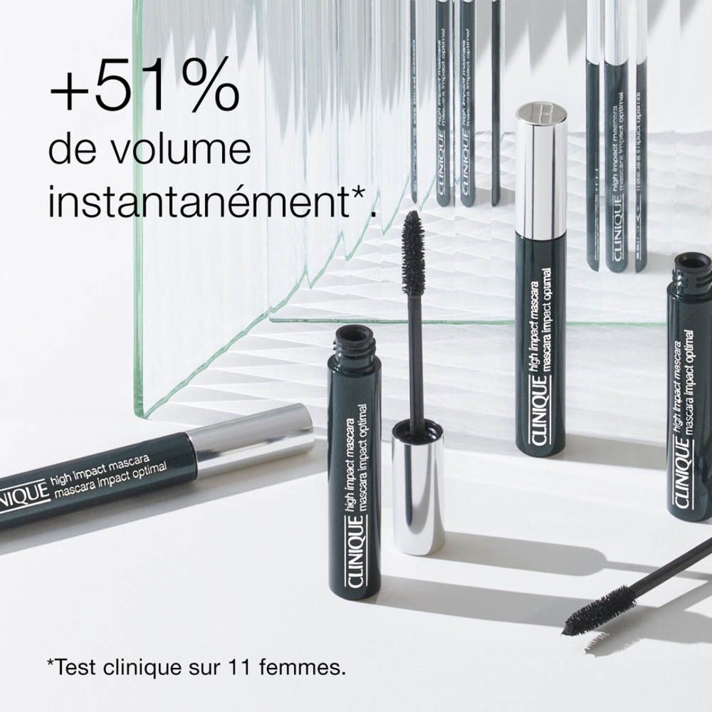 Emballage Clinique High Impact Duo Mascara avec avant ouvert, montrant deux tubes et applicateurs.