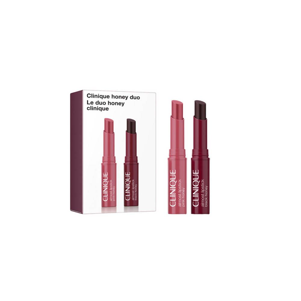 Coffret Clinique Honey Duo contenant deux rouges à lèvres, un rose et un bordeaux.