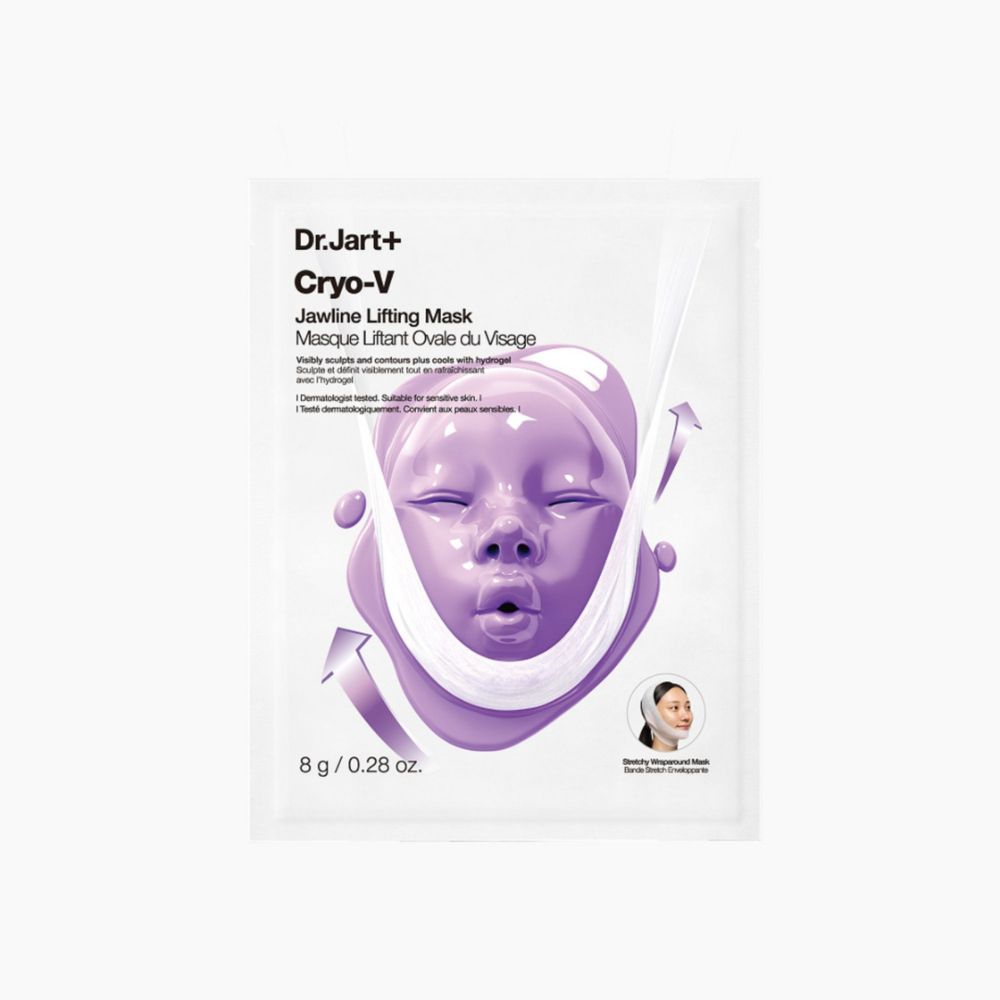 Emballage du masque lifting Dr. Jart+ Cryo-V pour la mâchoire, avec illustration de visage violet et flèches.