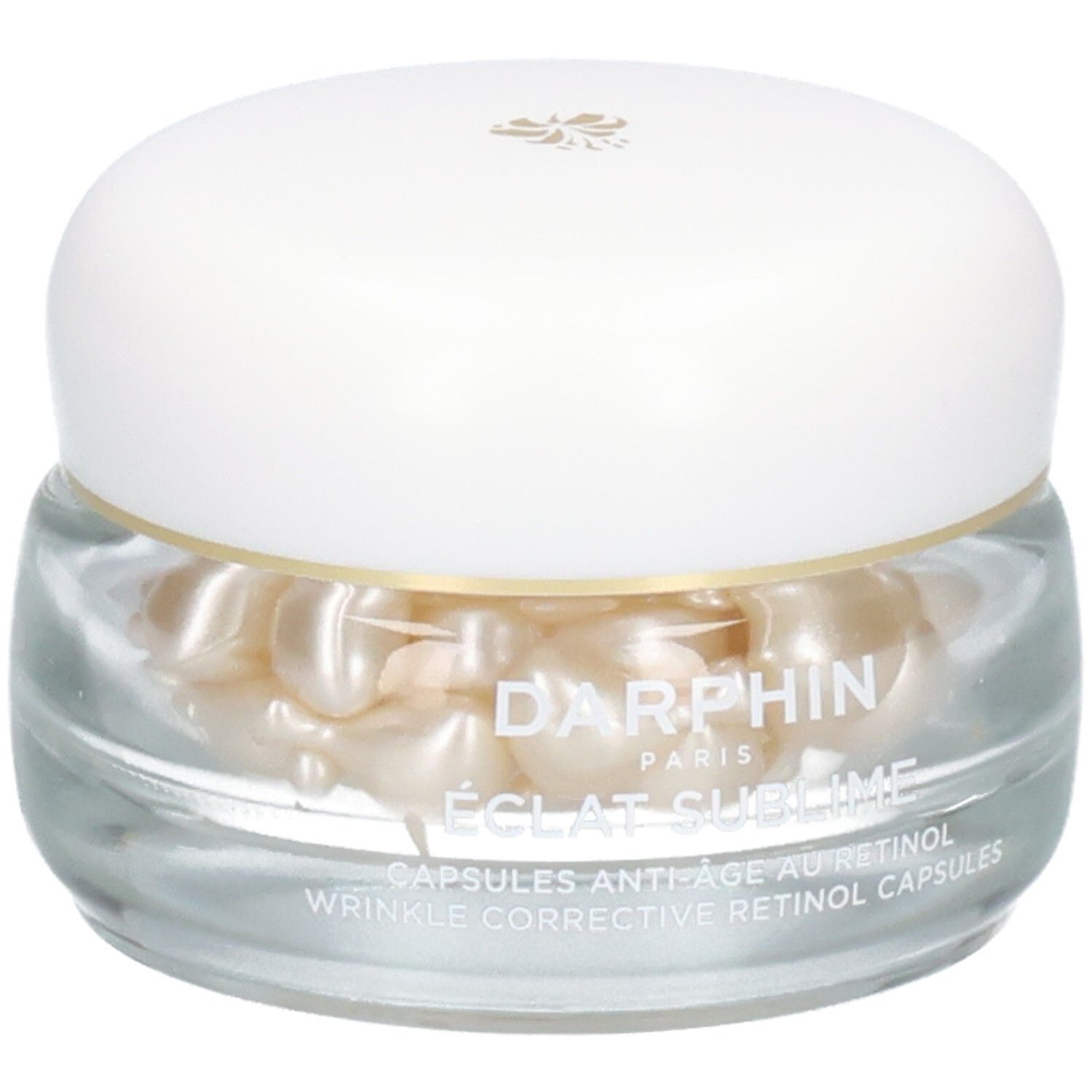 Pot en verre de capsules de rétinol Darphin Eclat Sublime, gros plan.