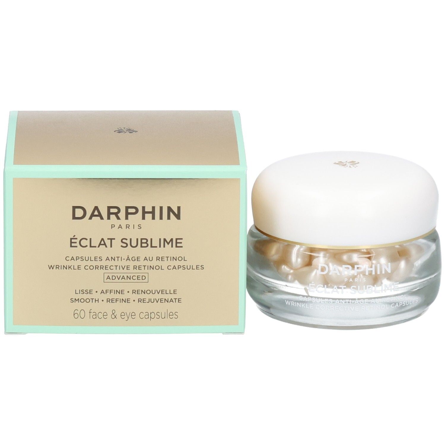 Capsules de rétinol Darphin Eclat Sublime en pot, à côté de la boîte.