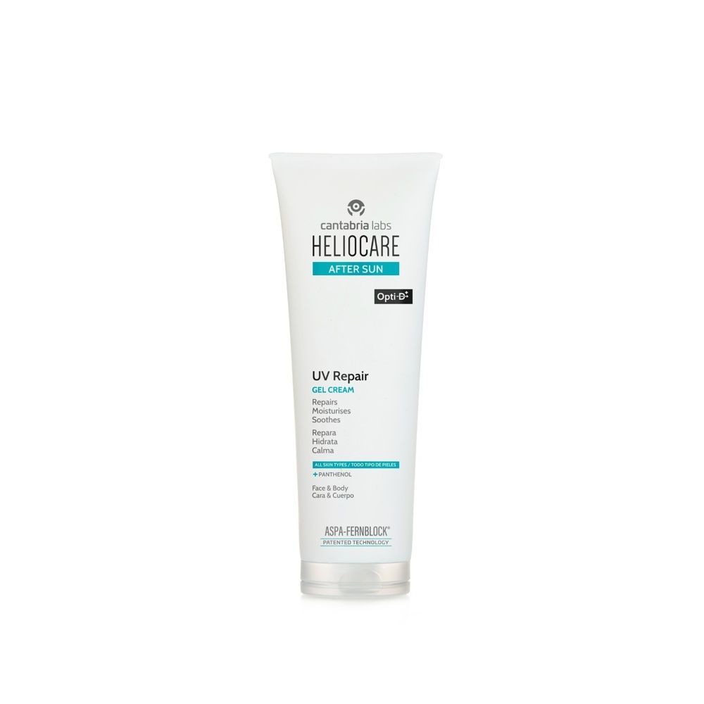 Tube de Gel-Crème UV Repair Heliocare avec inscription Opti-B et informations sur réparation, hydratation et apaisement.