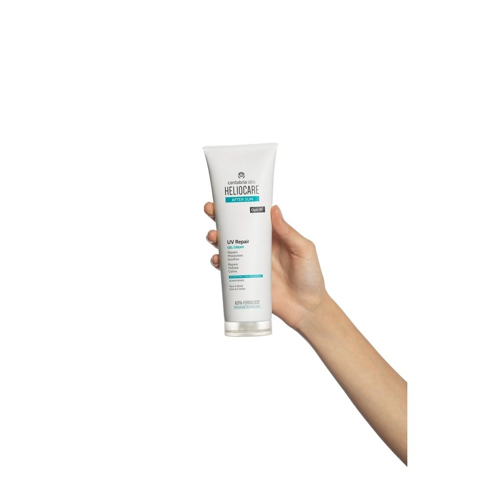 Tube de Gel-Crème UV Repair Heliocare avec inscription Opti-B et informations sur réparation, hydratation et apaisement.
