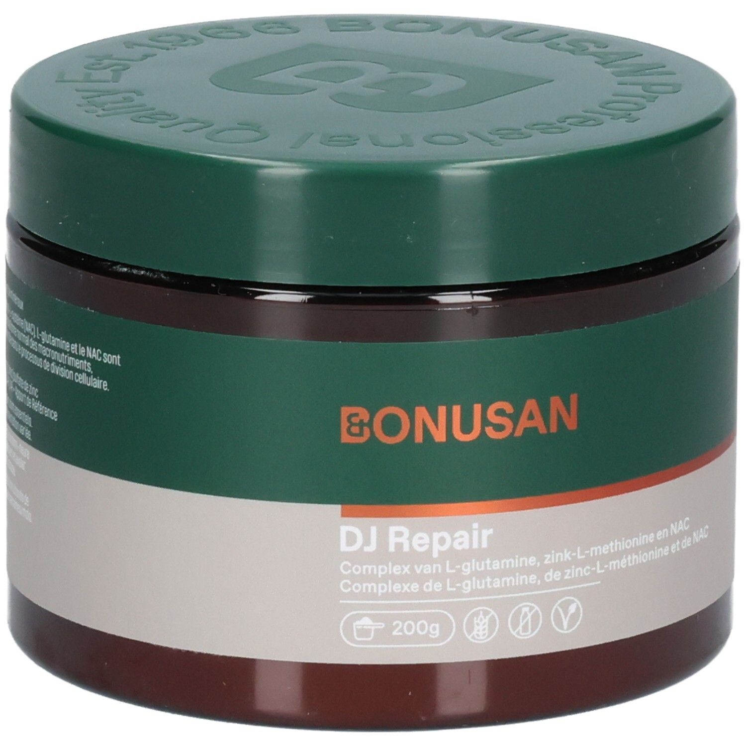 Pot Bonusan DJ Repair de 200g de poudre. Récipient brun foncé avec couvercle et étiquette verts.