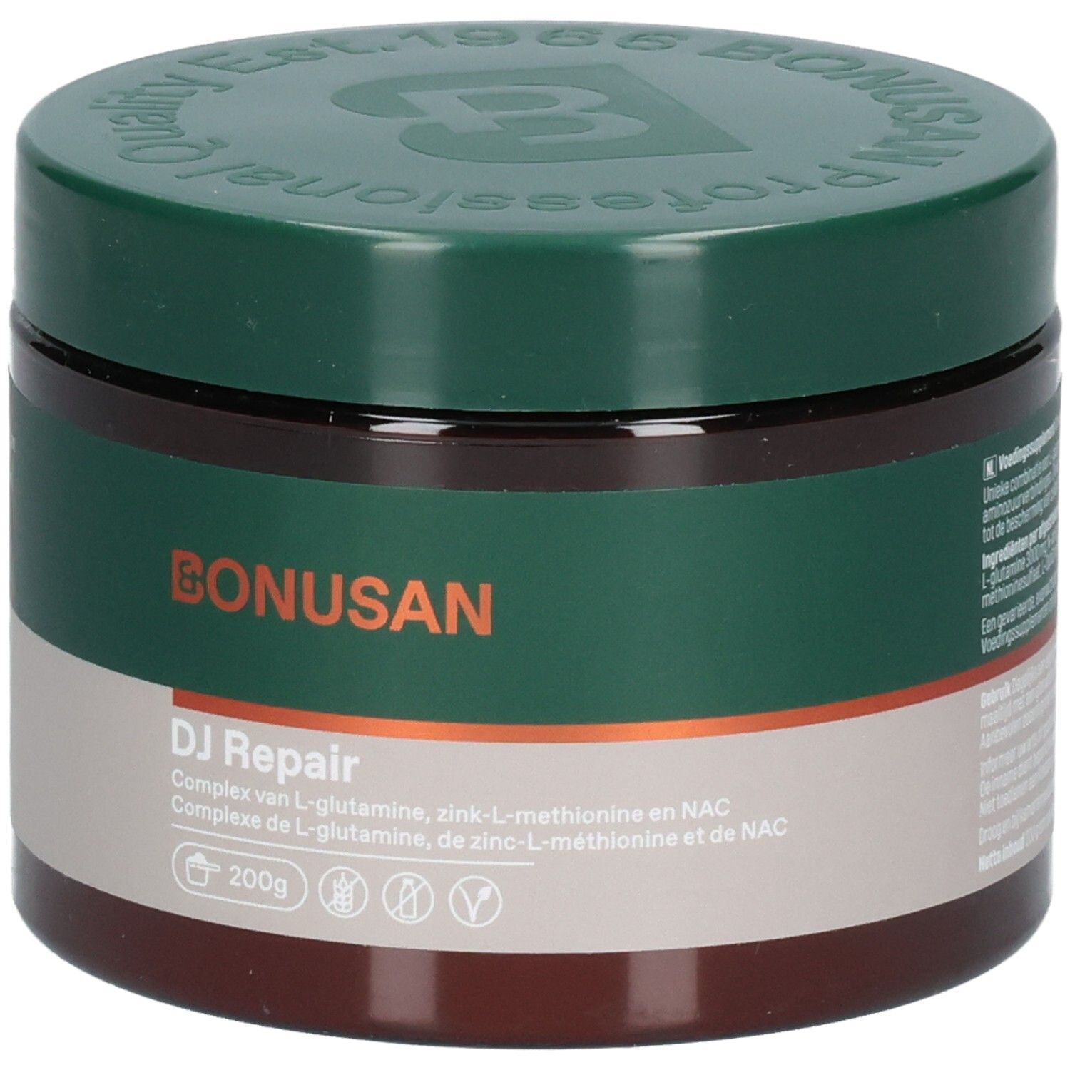Avant du pot Bonusan DJ Repair avec nom du produit et indication de 200g. Récipient brun foncé.