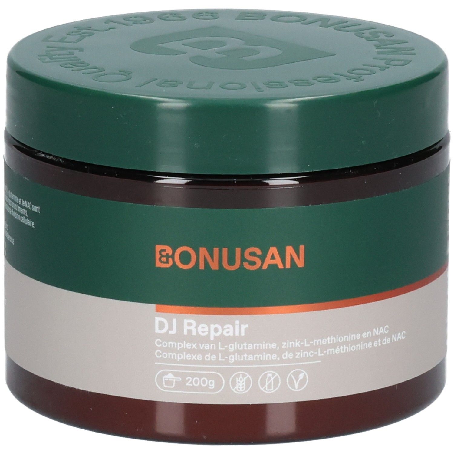 Pot Bonusan DJ Repair de 200g de poudre. Récipient brun foncé avec couvercle et étiquette verts.