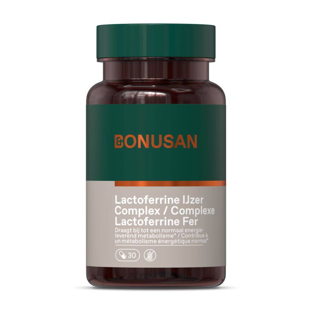 Bonusan Lactoferrine Fer Complexe flacon, face avant avec inscription néerlandaise.