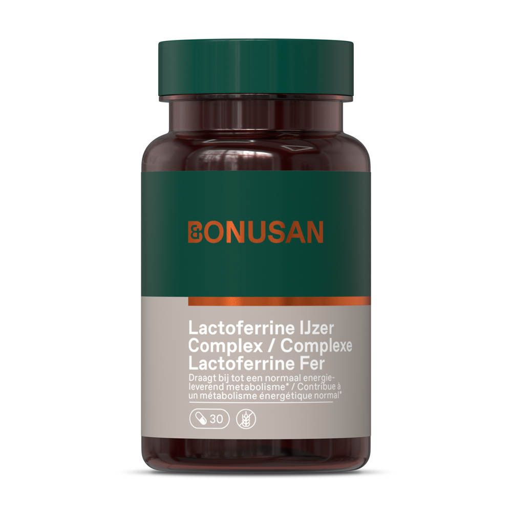 Bonusan Lactoferrine Fer Complexe flacon, verso avec informations produit en néerlandais.