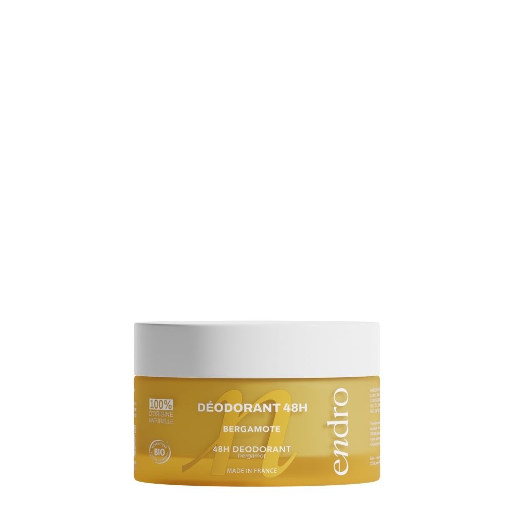 Endro Déodorant Baume 48H Bergamote dans un pot jaune avec couvercle blanc. 100% d'origine naturelle.