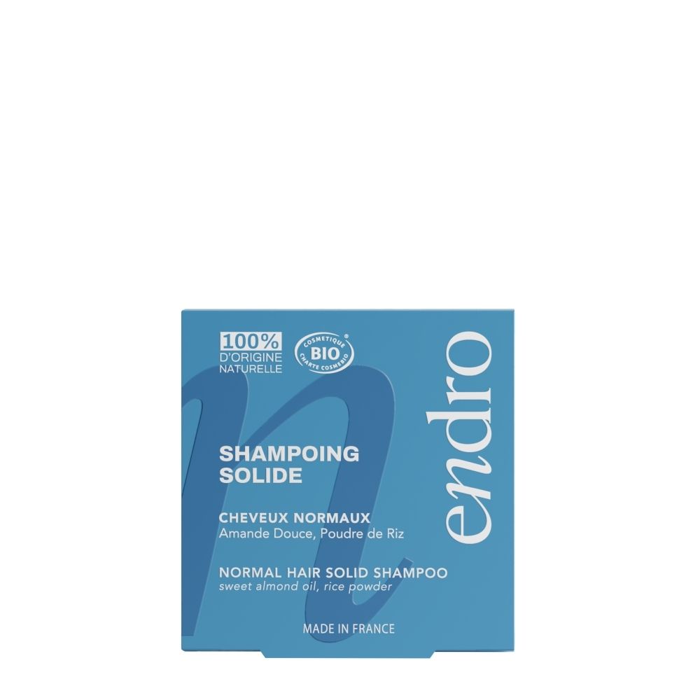 Boîte de shampoing solide Endro pour cheveux normaux, à l'huile d'amande douce et poudre de riz.