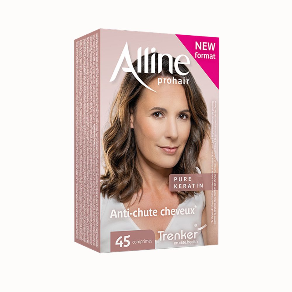 Boîte Alline Prohair de 45 comprimés anti-chute, avec femme et mention Kératine.