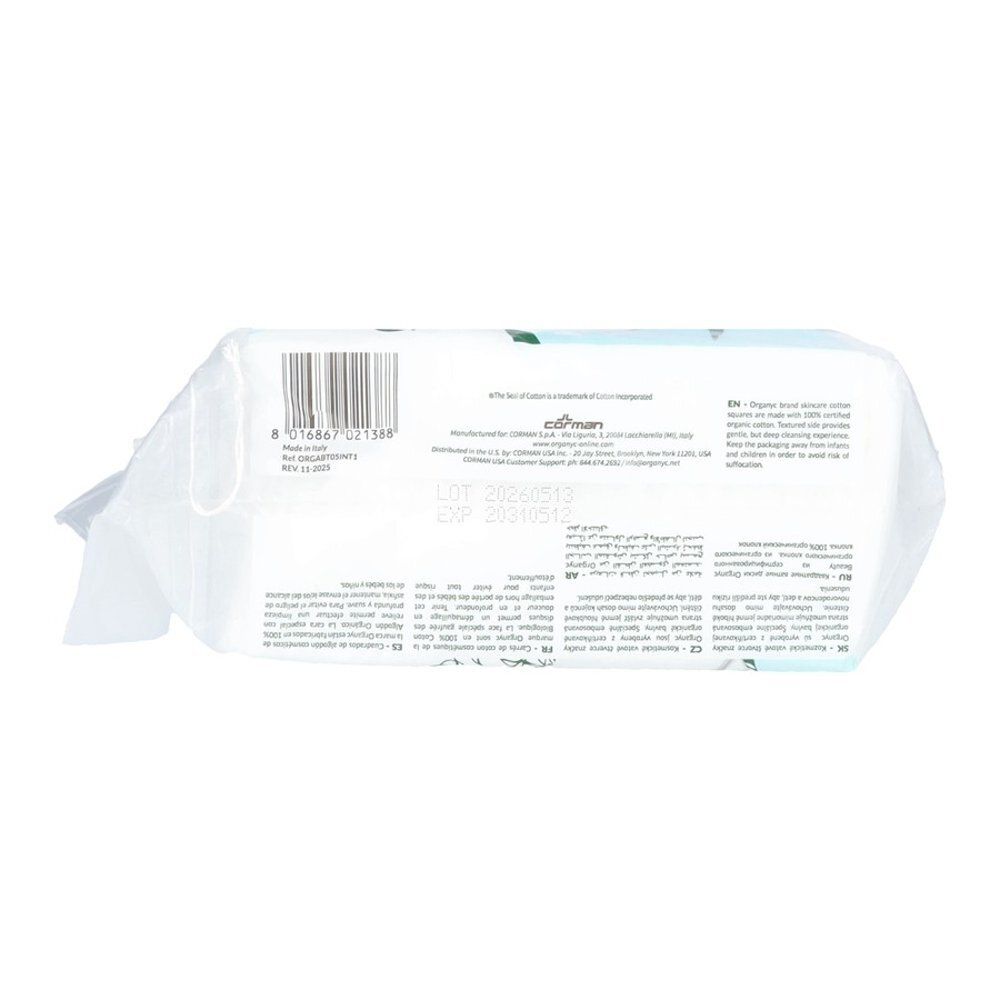 Carrés de beauté Organyc, 50 pièces, 100% coton bio pour peaux sensibles.