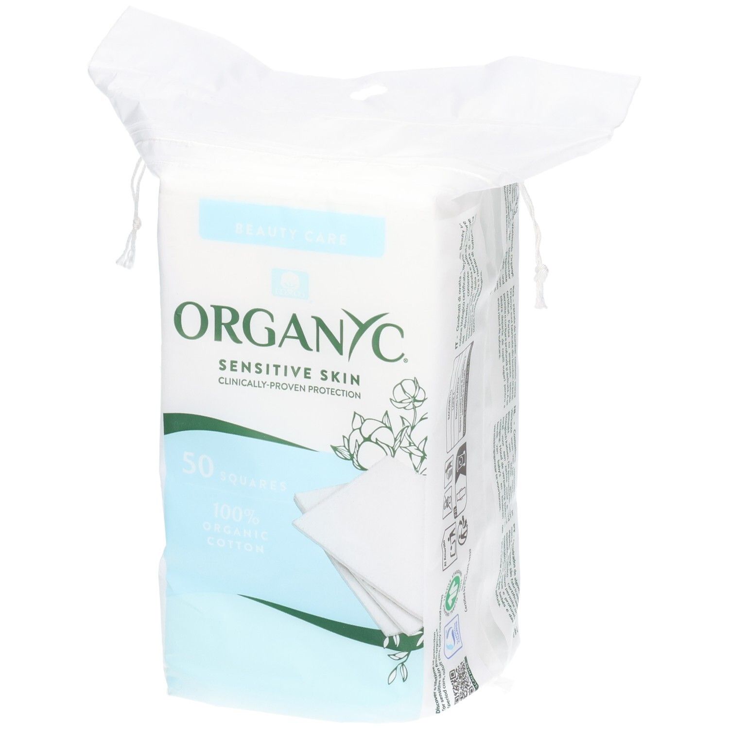 Carrés de beauté Organyc, 50 pièces, 100% coton bio pour peaux sensibles.