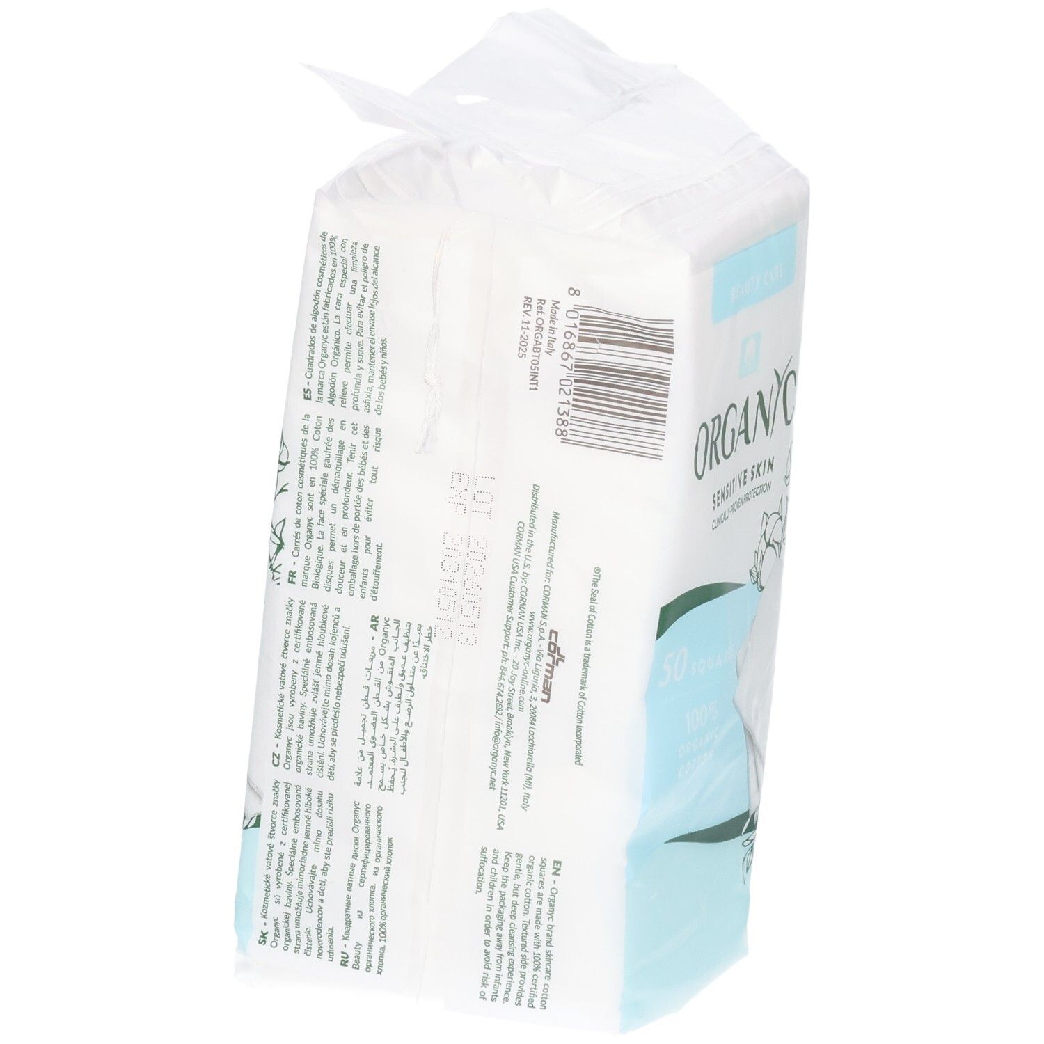 Dos du paquet de carrés de beauté Organyc avec informations produit et code-barres.