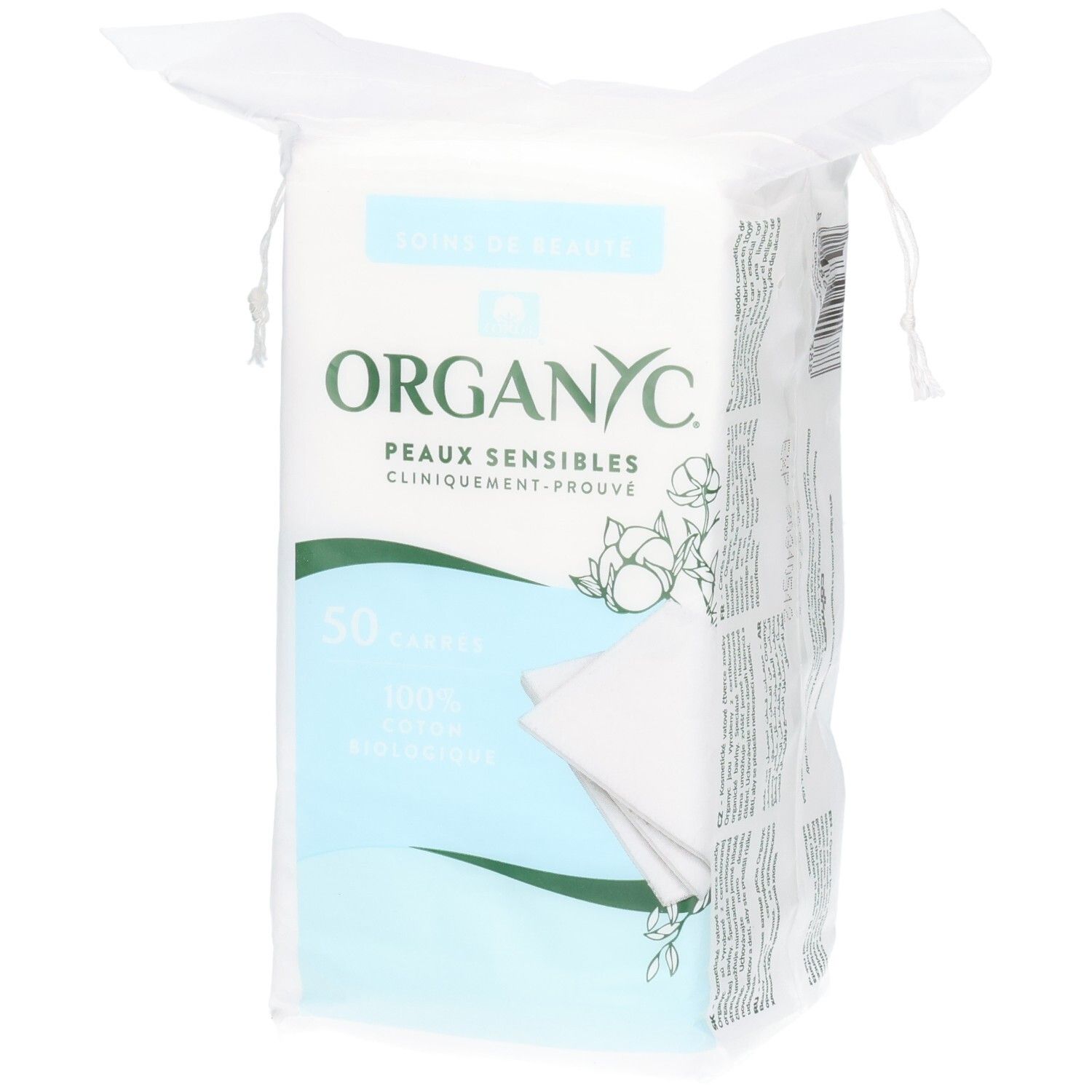Carrés de beauté Organyc, 50 pièces, 100% coton bio pour peaux sensibles.
