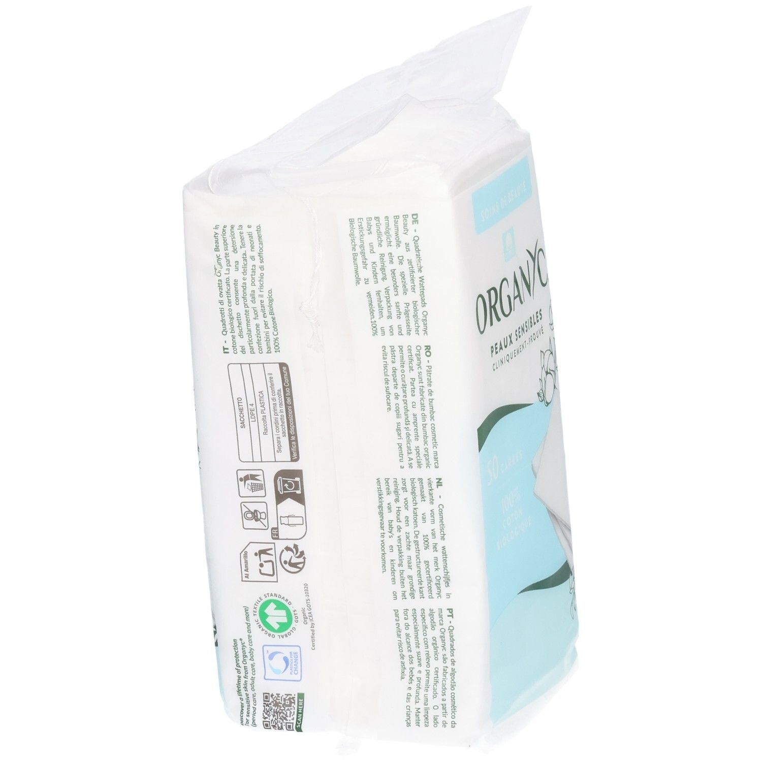 Dos du paquet de carrés de beauté Organyc avec informations produit et logos.