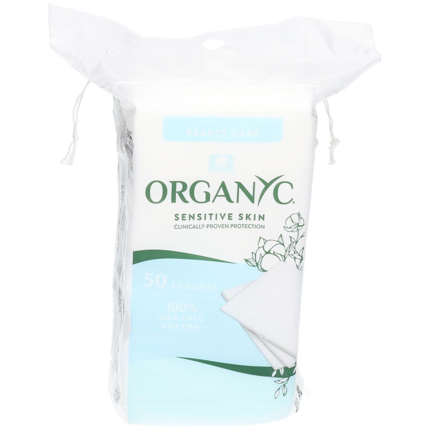 Carrés de beauté Organyc, 50 pièces, 100% coton bio pour peaux sensibles.