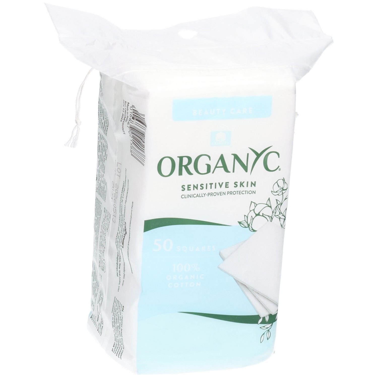 Carrés de beauté Organyc, 50 pièces, 100% coton bio pour peaux sensibles.