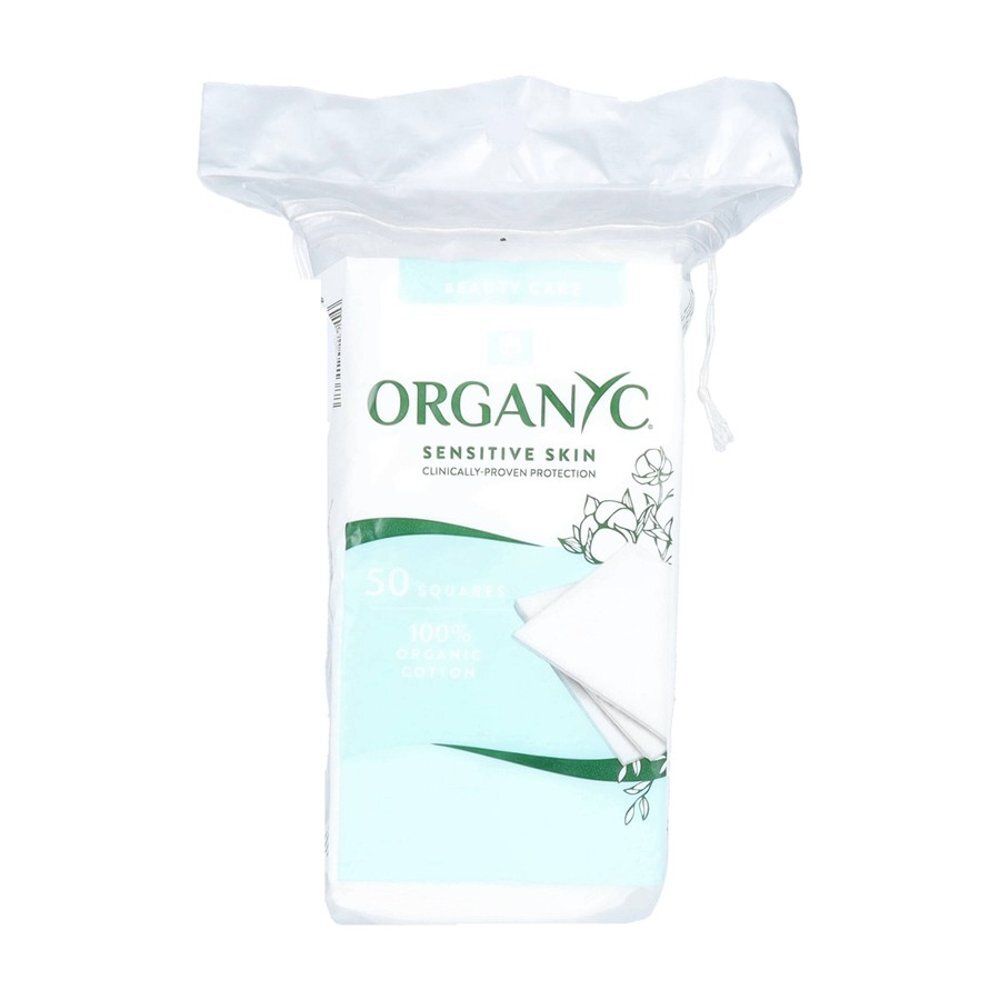 Dos du paquet de carrés de beauté Organyc avec informations produit et code-barres.