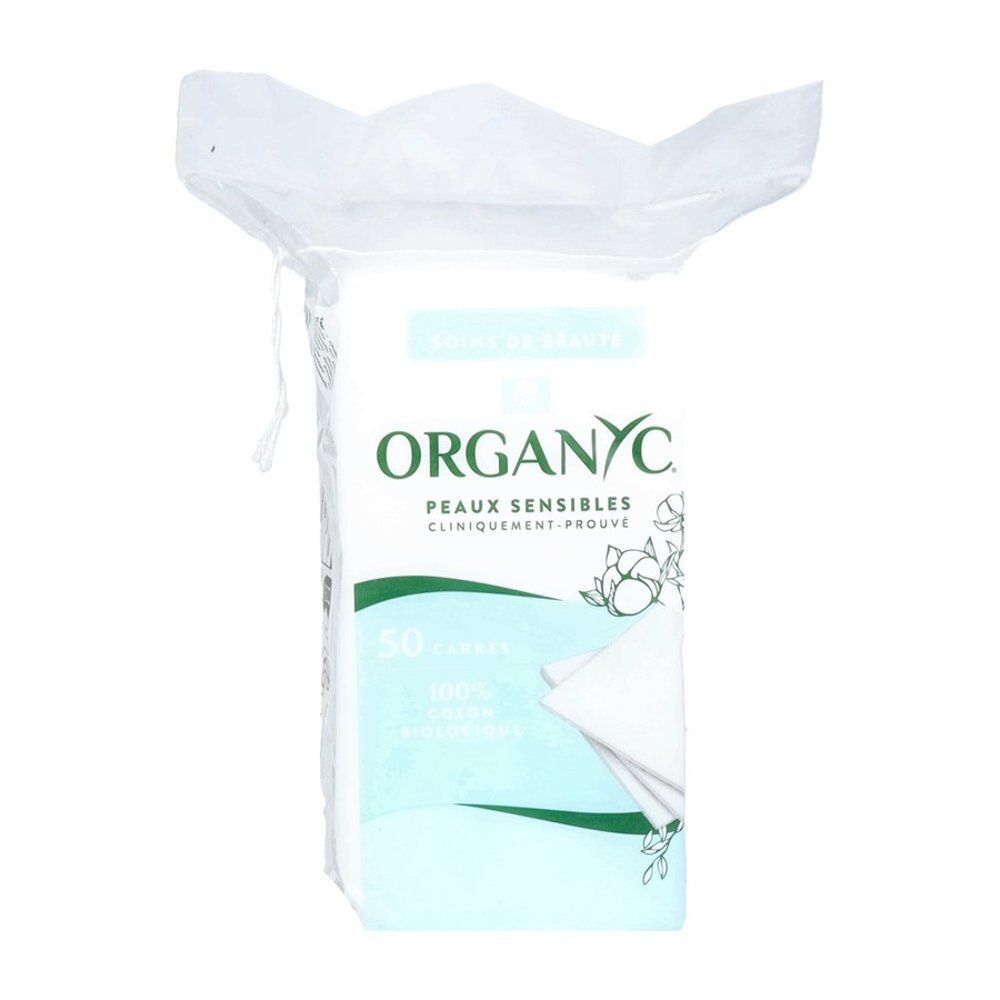 Carrés de beauté Organyc, 50 pièces, 100% coton bio pour peaux sensibles.