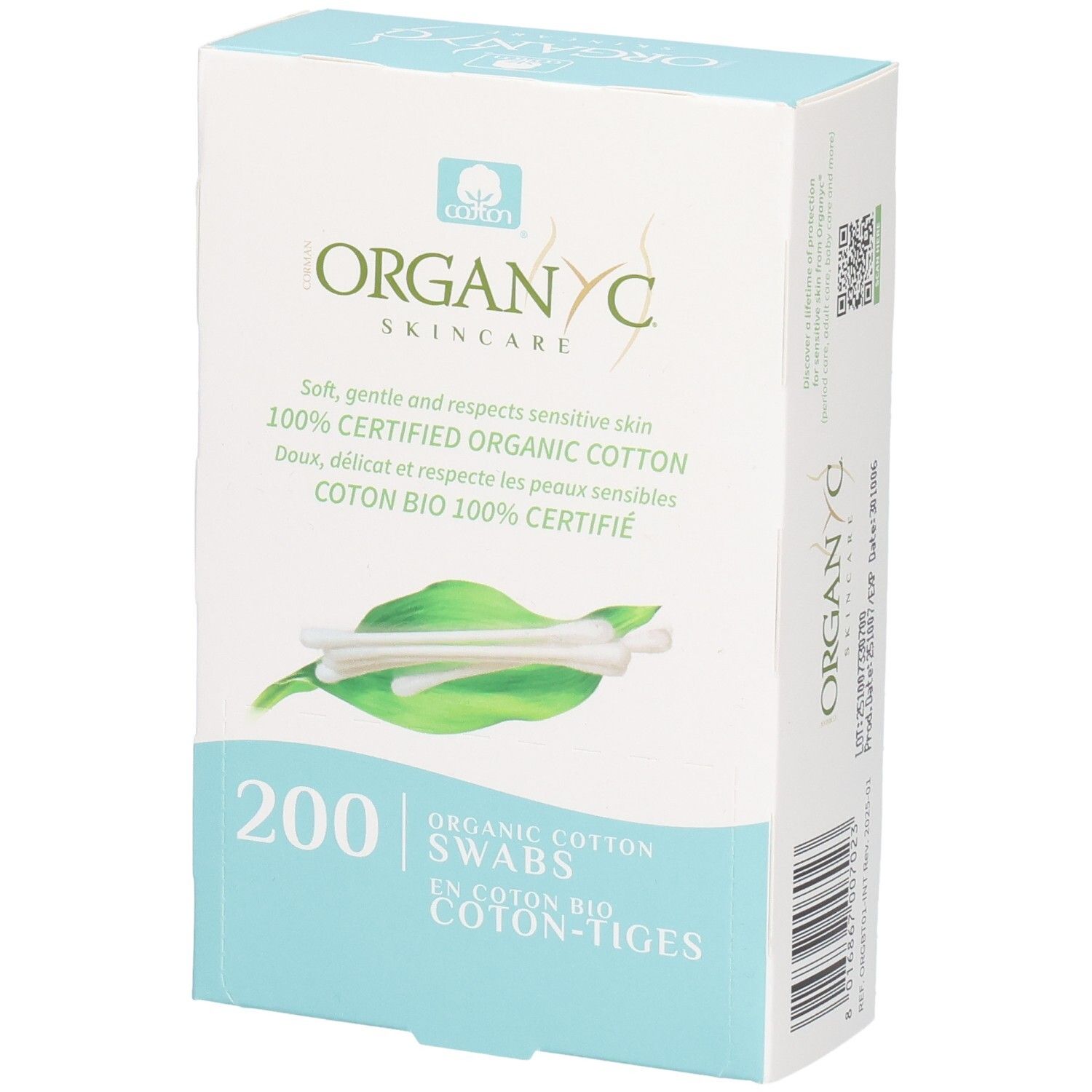 Bâtonnets de coton bio Organyc, 200 pièces. Doux, délicat et respectueux de la peau.