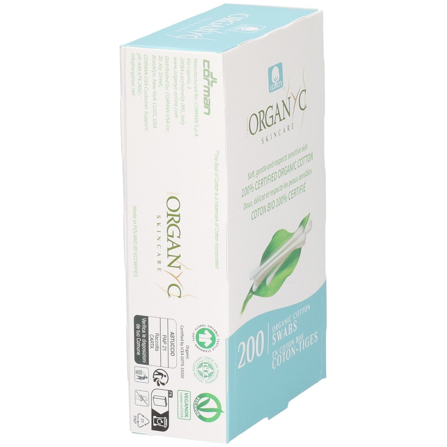 Bâtonnets de coton bio Organyc, 200 pièces. Coton bio certifié. Emballage écologique.