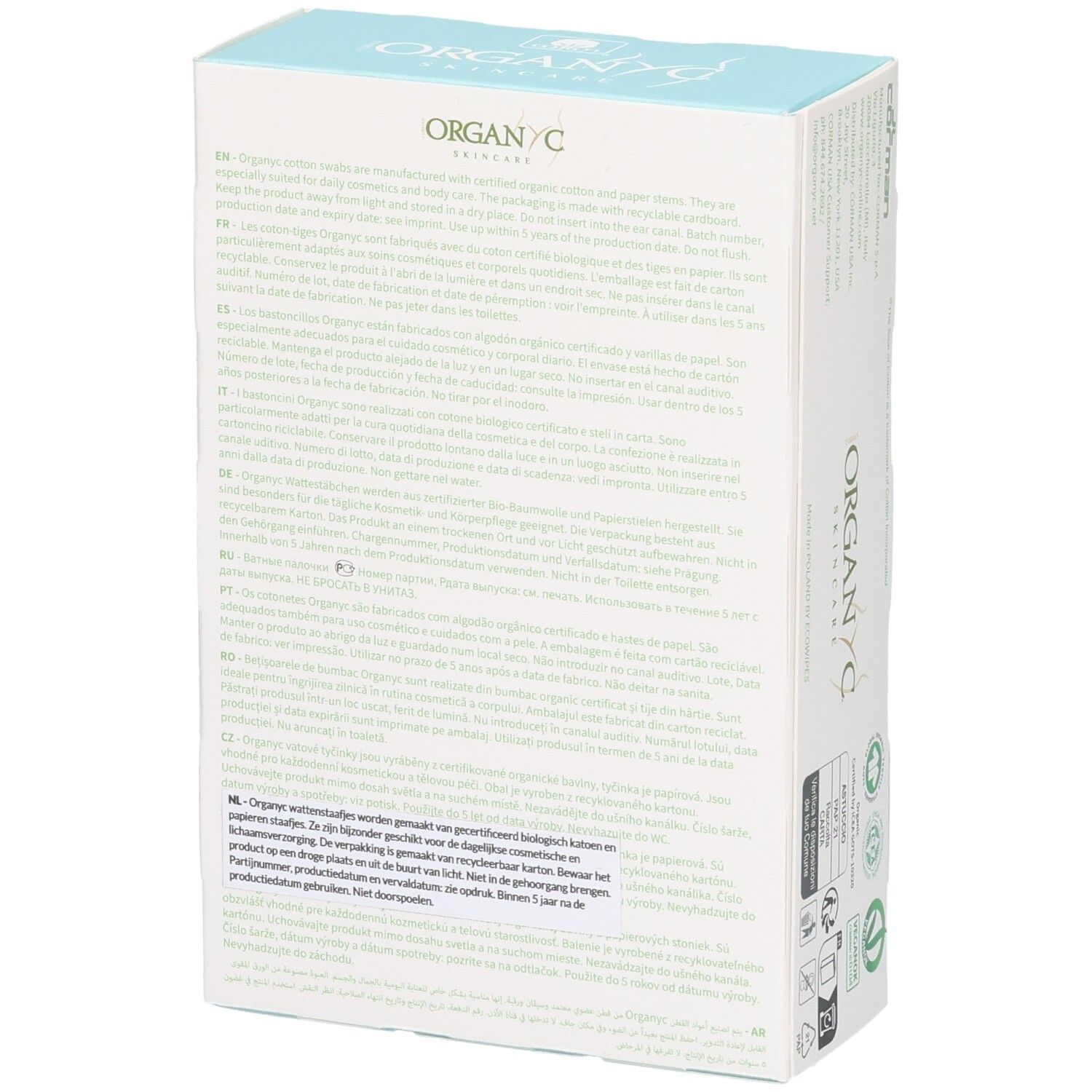 Arrière de l'emballage des bâtonnets de coton bio Organyc avec informations produit multilingues.