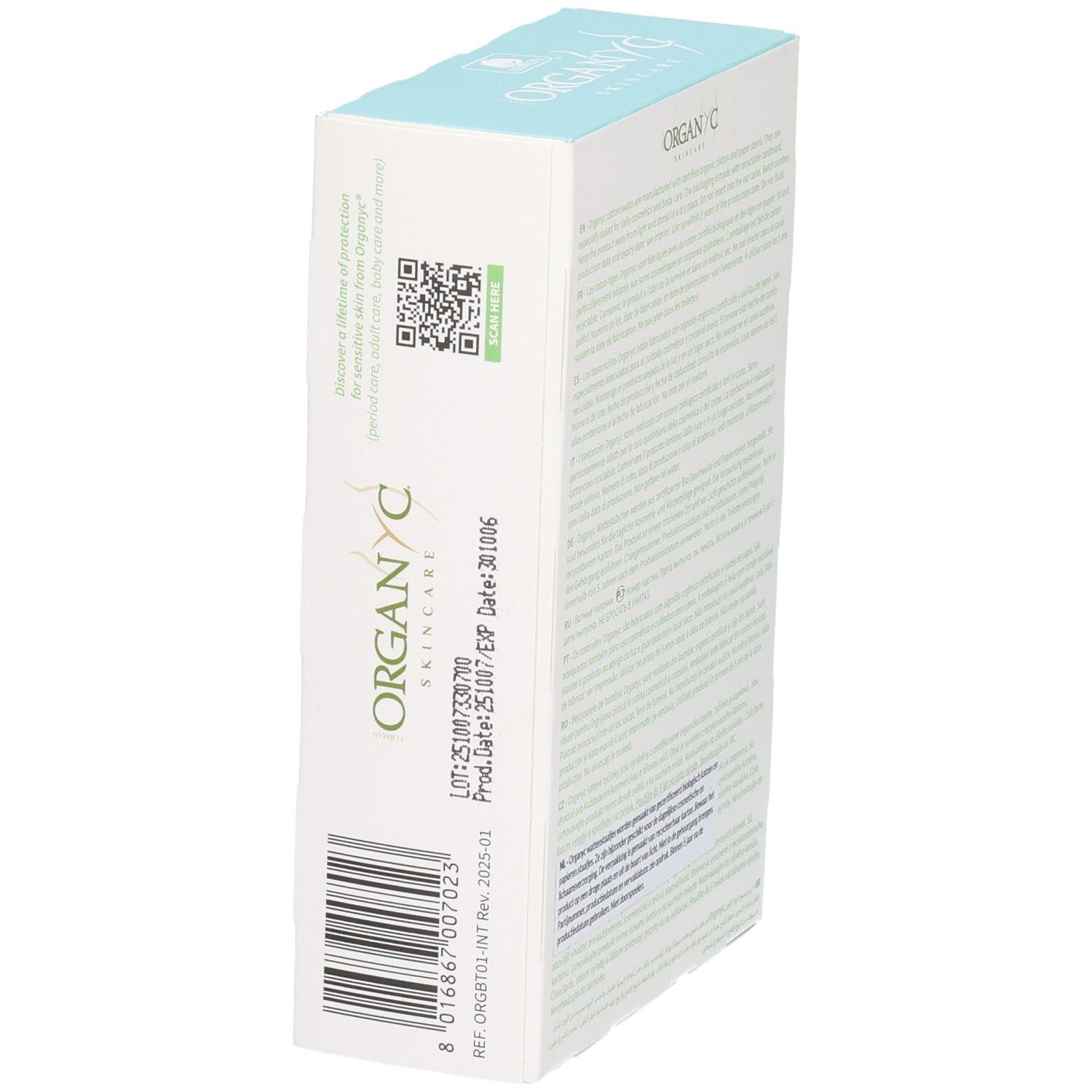 Côté de l'emballage des bâtonnets de coton bio Organyc avec QR code et informations produit.